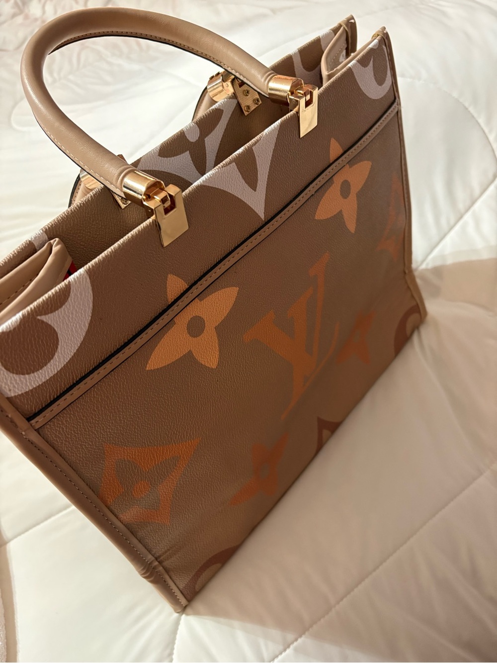 Louis Vuitton Beige Monogram Canvas Tote with Orange Logo Strap - Picture 3 of 6